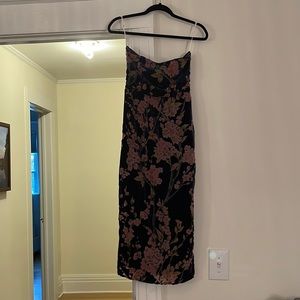 Floral Navy Print Velvet Strapless Midi Dress by Lulus